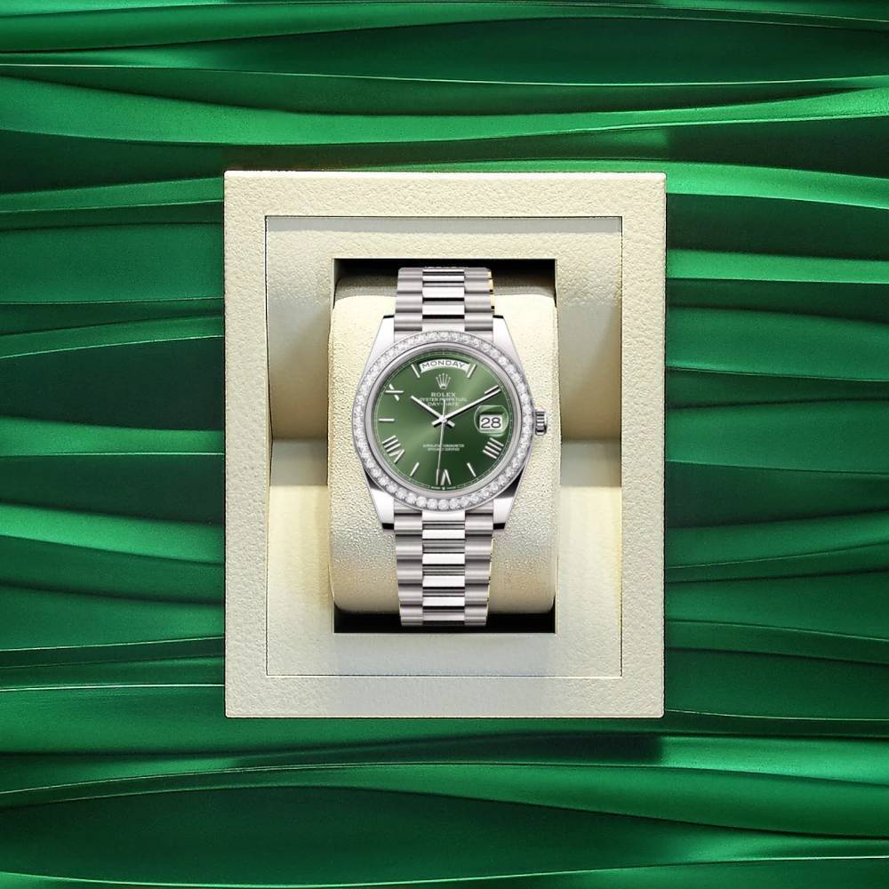 Rolex Day Date 40mm - Ref: 228349rbr-0030 - Olive Green Roman Dial & Diamond Bezel, 18K White Gold President Bracelet Men's Watch