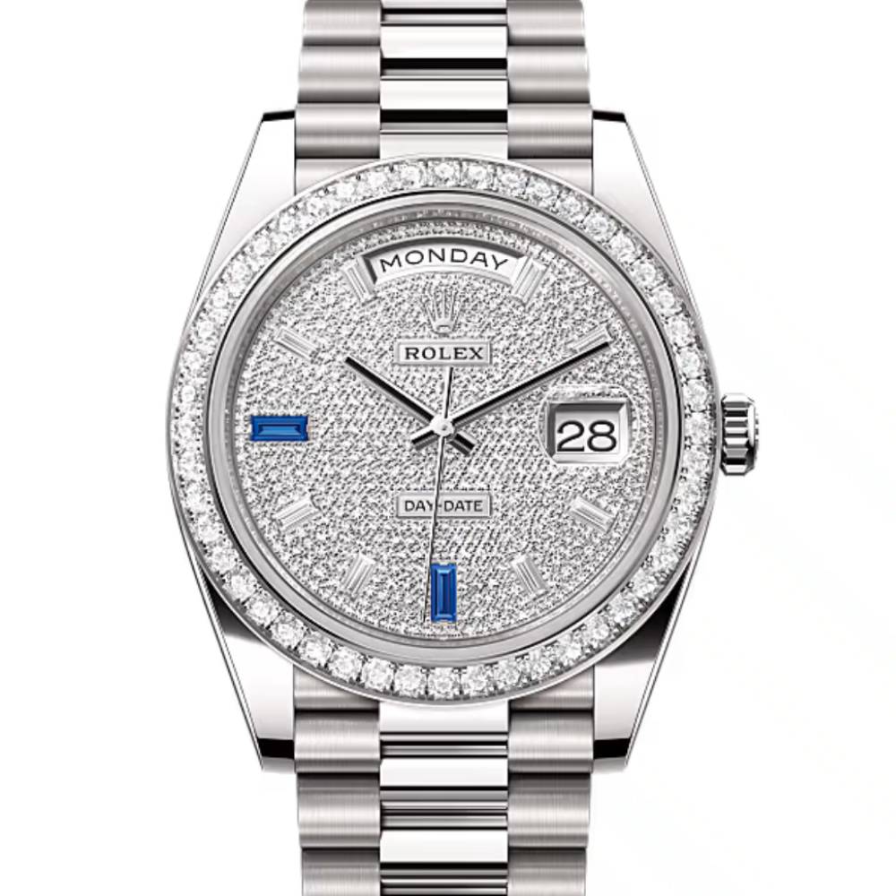 Rolex Day Date 40mm - Ref: 228349rbr-0036 - Pave Diamond / Sapphire Dial & Diamond Bezel, 18K White Gold President Bracelet Men's Watch