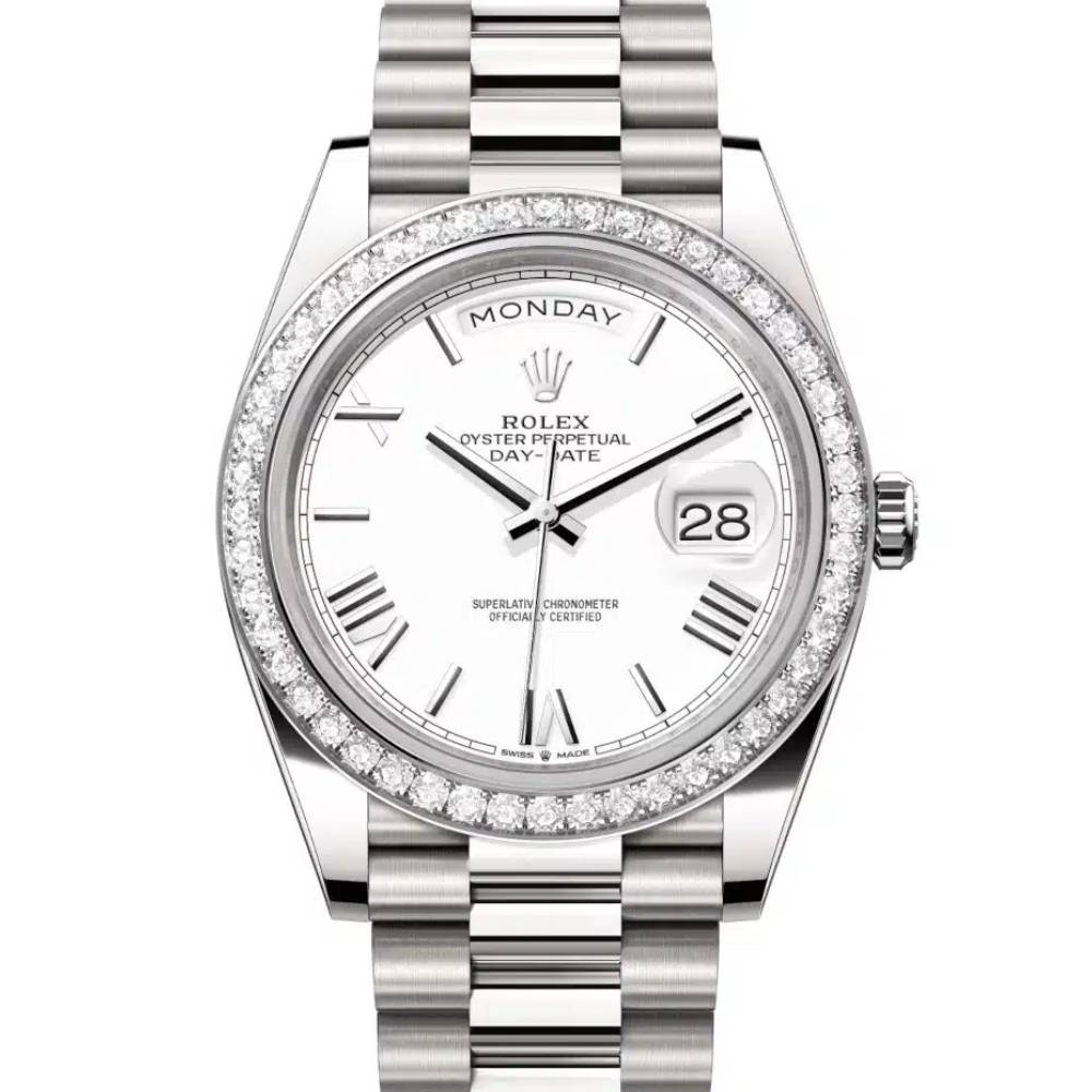 Rolex Day Date 40mm - Ref: 228349rbr-0039 - White Roman Dial & Diamond Bezel, 18K White Gold President Bracelet Men's Watch