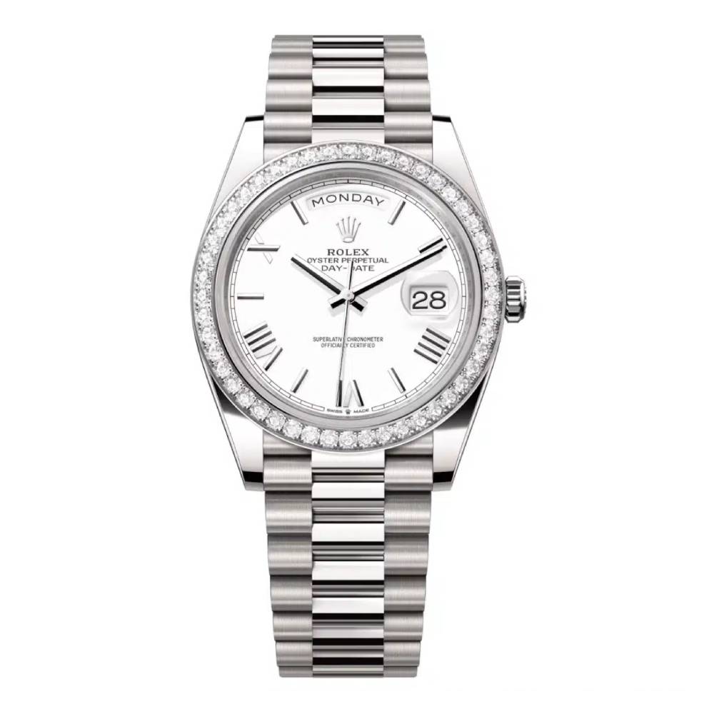 Rolex Day Date 40mm - Ref: 228349rbr-0039 - White Roman Dial & Diamond Bezel, 18K White Gold President Bracelet Men's Watch