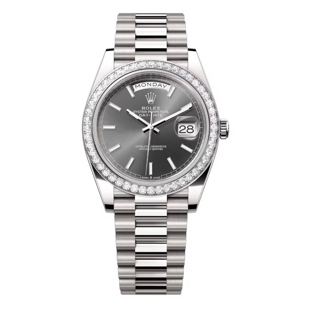 Rolex Day Date 40mm - Ref: 228349rbr-0041 - Slate Grey Stick Dial & Diamond Bezel, 18K White Gold President Bracelet Men's Watch