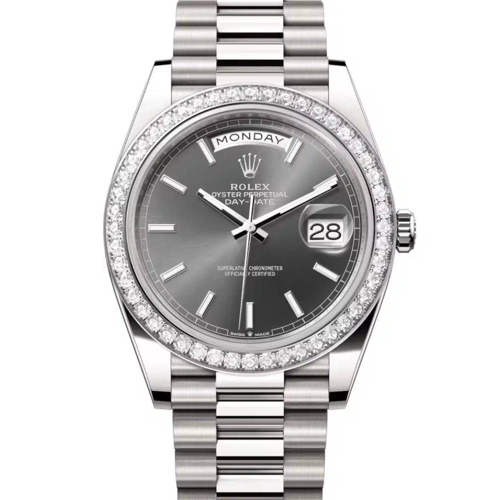 Rolex Day Date 40mm - Ref: 228349rbr-0041 - Slate Grey Stick Dial & Diamond Bezel, 18K White Gold President Bracelet Men's Watch