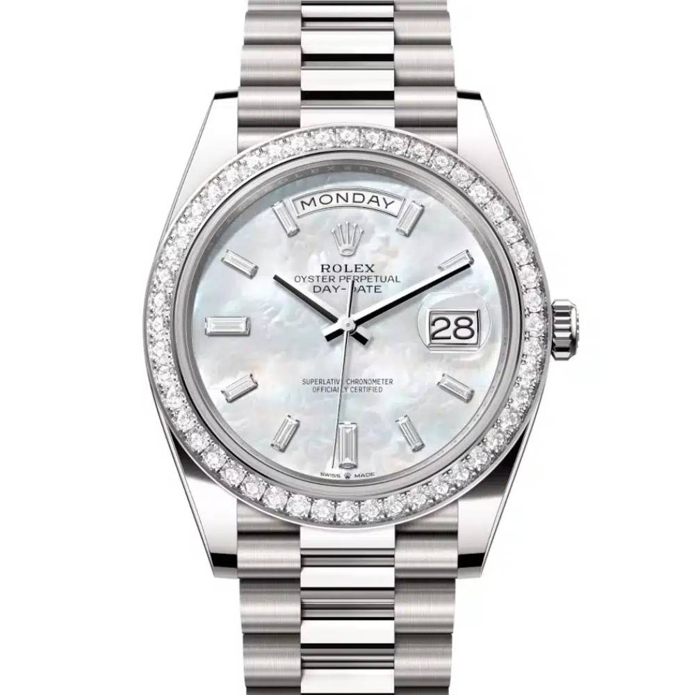 Introducing the 2024 Rolex Day-Date 40mm Ref: 228349rbr-0046 in 18k white gold presidential bracelet, white mother of pearl diamond dial. View it now!