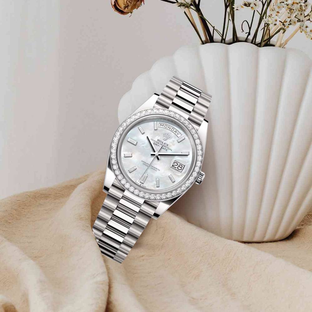 Introducing the 2024 Rolex Day-Date 40mm Ref: 228349rbr-0046 in 18k white gold presidential bracelet, white mother of pearl diamond dial. View it now!