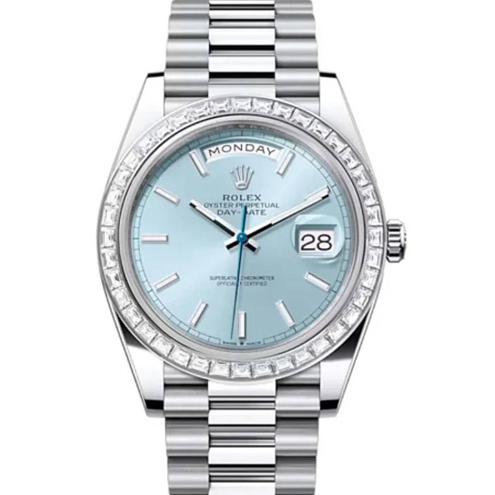 Rolex Day Date 40mm - Ref: 228396TBR - Ice Blue Stick Dial & Diamond Bezel, Platinum President Bracelet Men's Watch