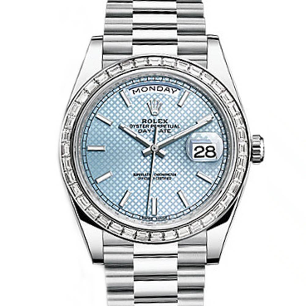 Rolex Day Date 40mm - Ref: 228396tbr-0001 - Ice Blue Diagonal Motif Stick Dial, Platinum President Bracelet Men's Watch