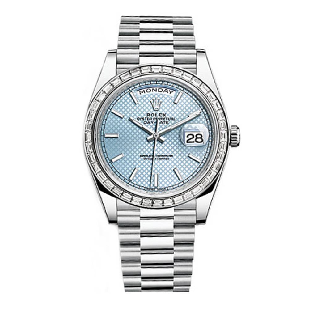 Rolex Day Date 40mm - Ref: 228396tbr-0001 - Ice Blue Diagonal Motif Stick Dial, Platinum President Bracelet Men's Watch