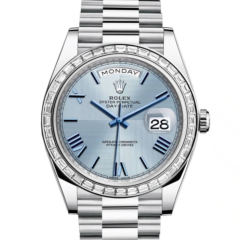 Rolex Day Date 40mm - Ref: 228396tbr-0004 - Ice Blue Quadrant Motif Roman Dial & Diamond Bezel, Platinum President Bracelet Men's Watch