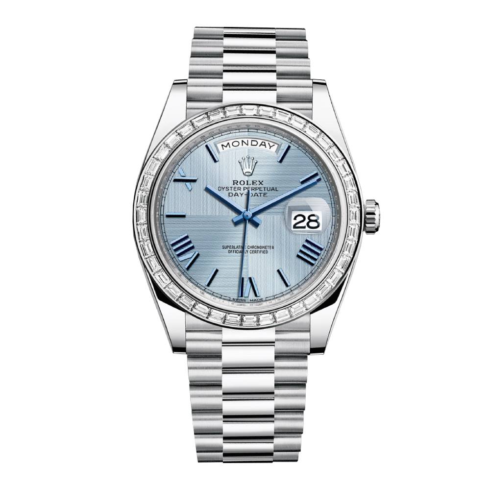 Rolex Day Date 40mm - Ref: 228396tbr-0004 - Ice Blue Quadrant Motif Roman Dial & Diamond Bezel, Platinum President Bracelet Men's Watch