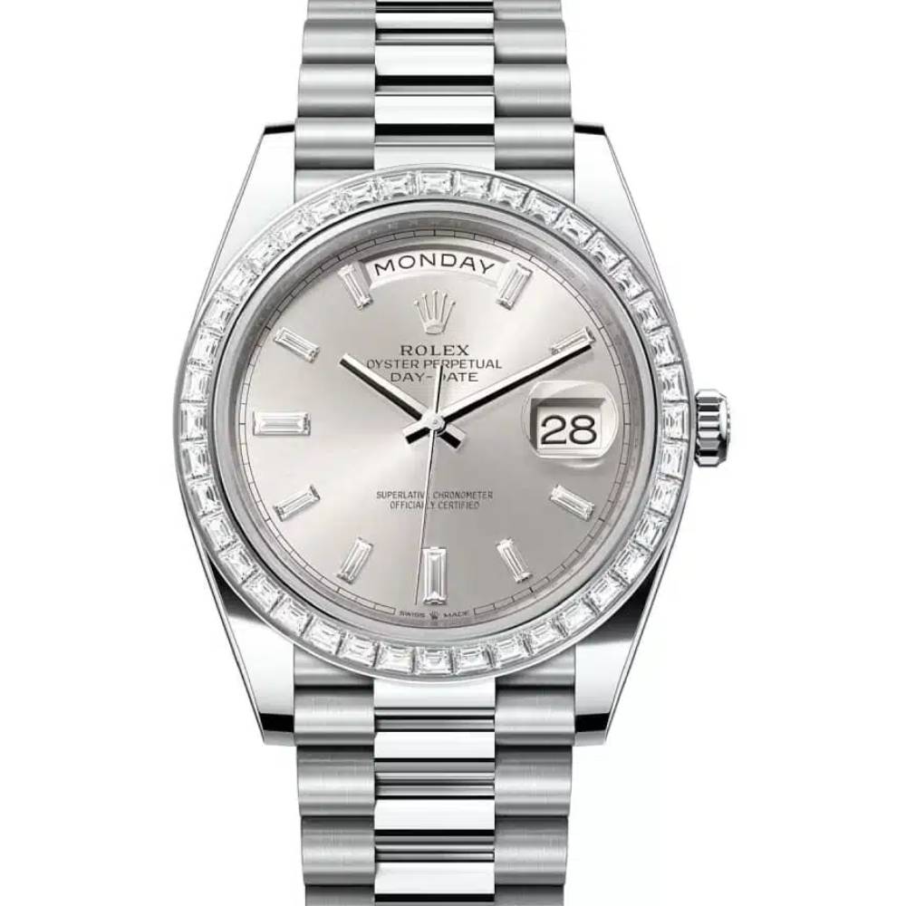 Rolex Day Date 40mm - Ref: 228396tbr-0011 - Silver Stick Dial & Diamond Bezel, Platinum President Bracelet Men's Watch