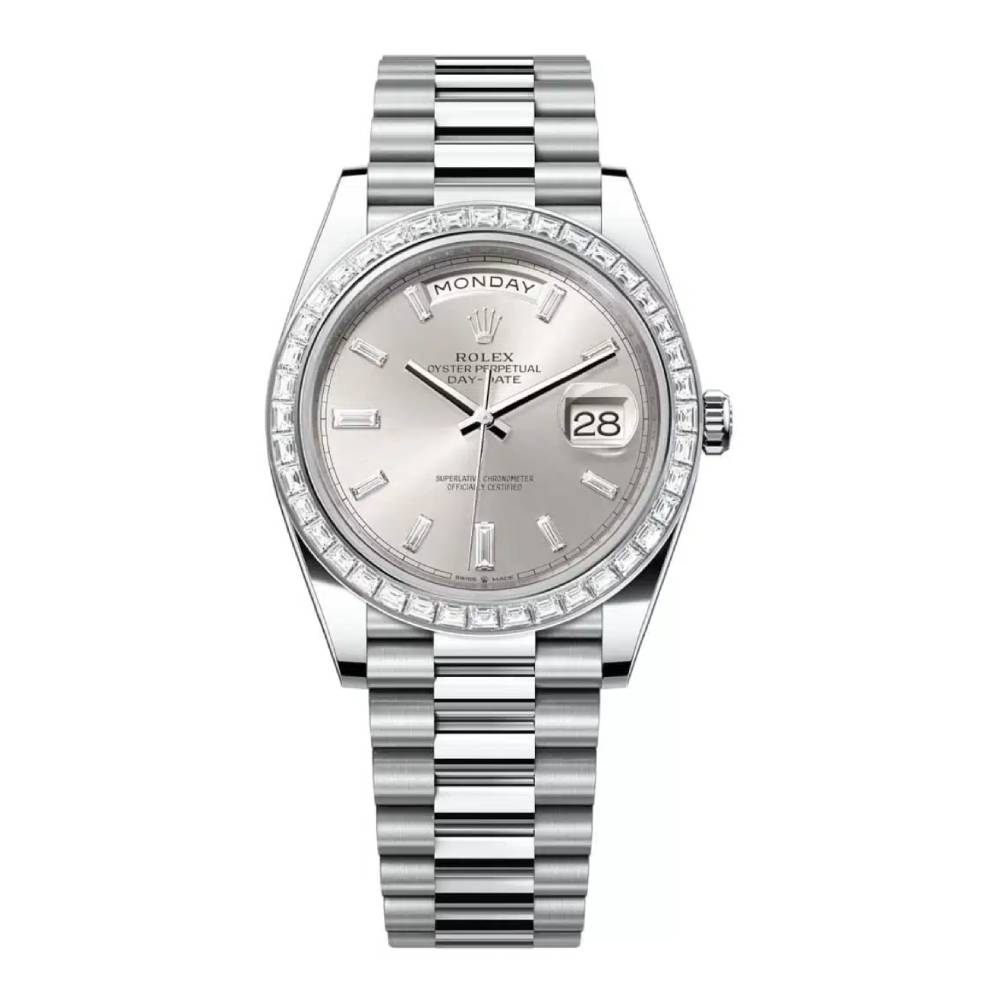 Rolex Day Date 40mm - Ref: 228396tbr-0011 - Silver Stick Dial & Diamond Bezel, Platinum President Bracelet Men's Watch