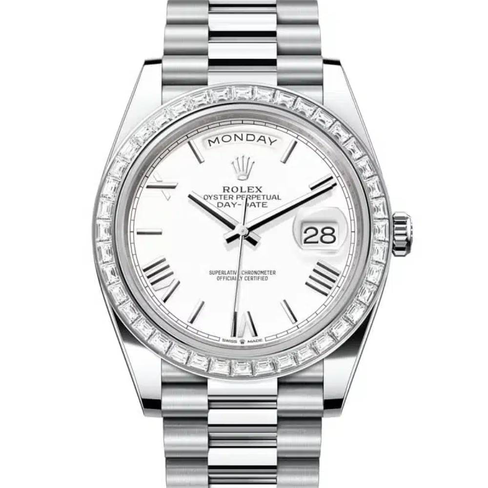 Rolex Day Date 40mm - Ref: 228396tbr-0018 - White Roman Dial & Diamond Bezel, Platinum President Bracelet Men's Watch