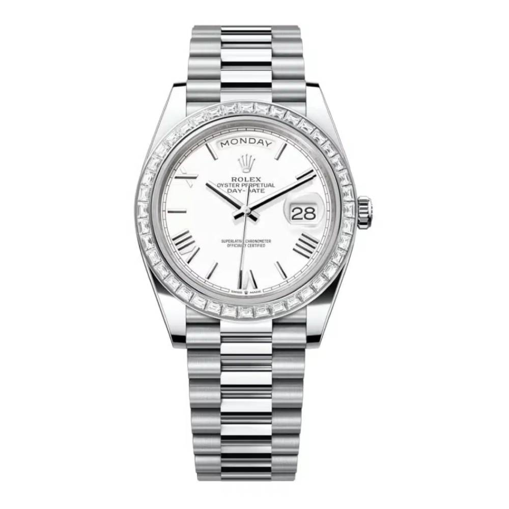 Rolex Day Date 40mm - Ref: 228396tbr-0018 - White Roman Dial & Diamond Bezel, Platinum President Bracelet Men's Watch