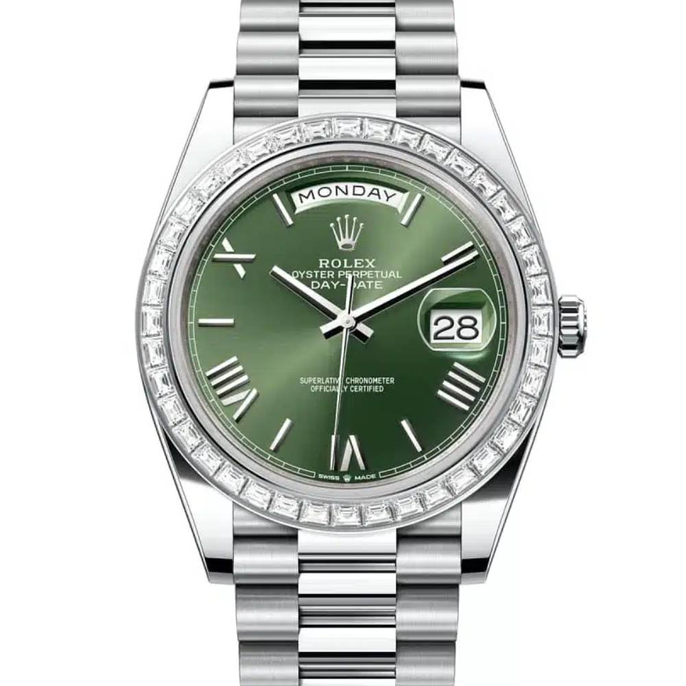 Rolex Day Date 40mm - Ref: 228396tbr-0020 - Olive Green Roman Dial & Diamond Bezel, Platinum President Bracelet Men's Watch