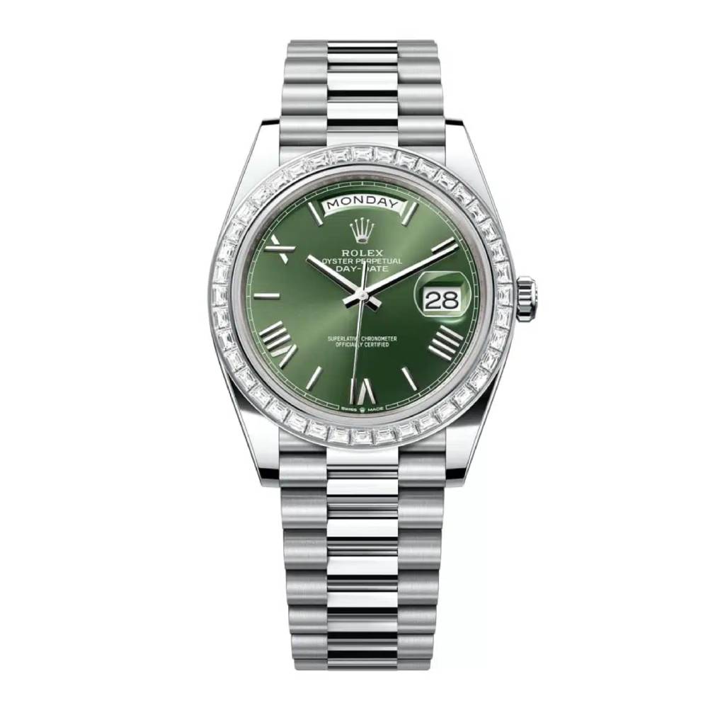 Rolex Day Date 40mm - Ref: 228396tbr-0020 - Olive Green Roman Dial & Diamond Bezel, Platinum President Bracelet Men's Watch