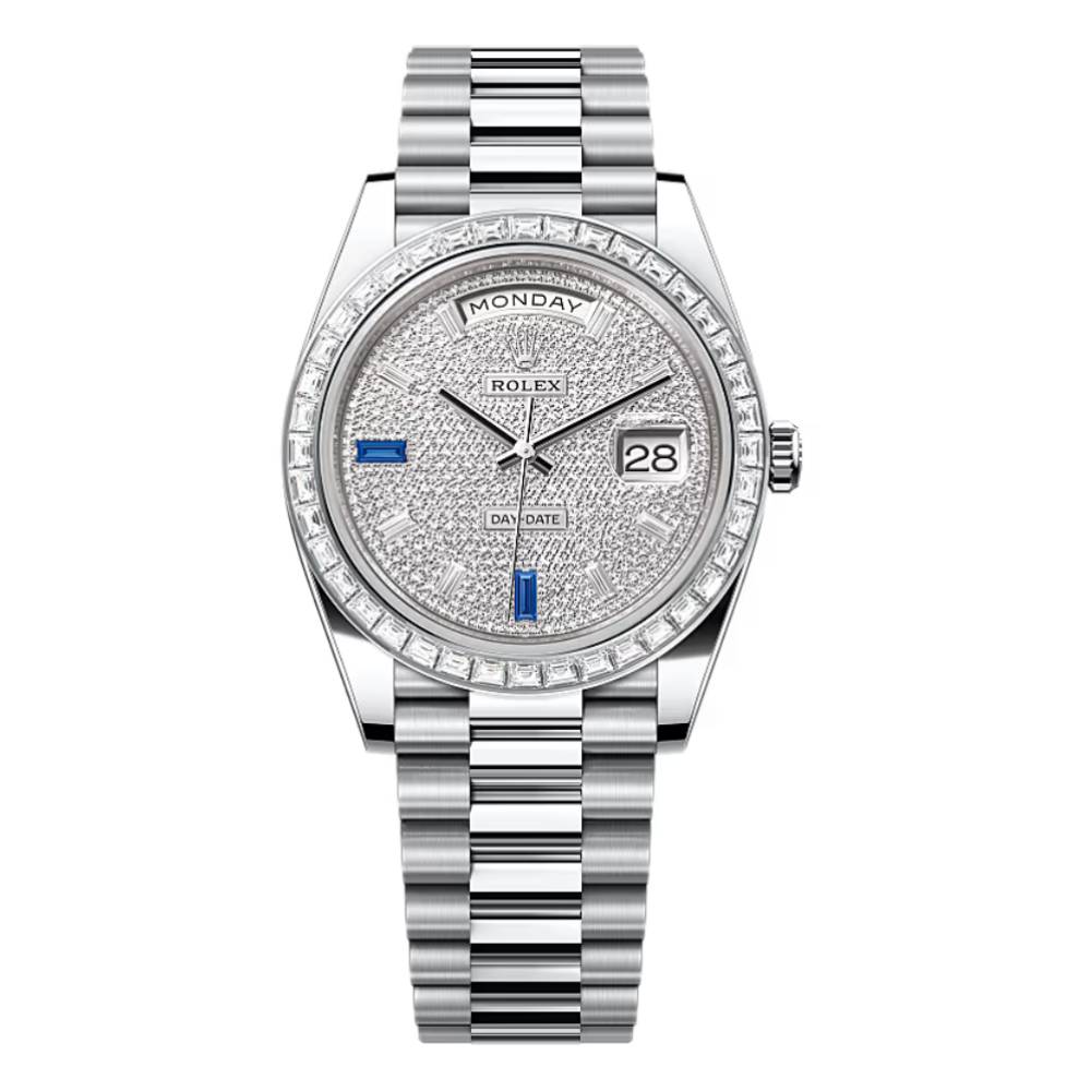 Rolex Day Date 40mm - Ref: 228396tbr-0021 - Pave Diamond / Sapphire Dial & Diamond Bezel, Platinum President Bracelet Men's Watch