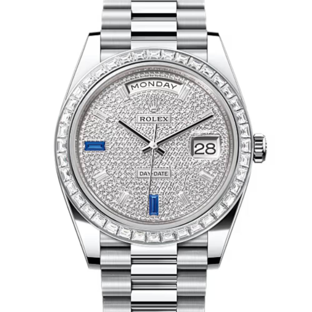 Rolex Day Date 40mm - Ref: 228396tbr-0021 - Pave Diamond / Sapphire Dial & Diamond Bezel, Platinum President Bracelet Men's Watch