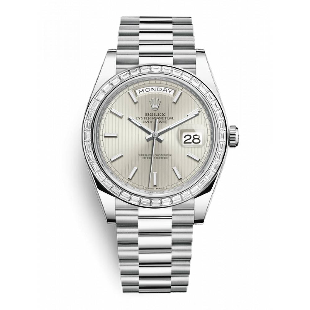 Rolex Day Date 40mm - Ref: 228396tbr-0022 - Silver Stripe Motif Stick Dial & Diamond Bezel, Platinum President Bracelet Men's Watch