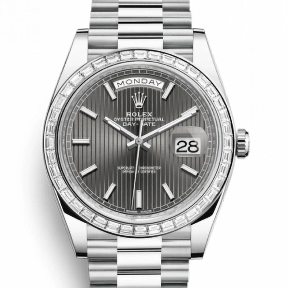 Rolex Day Date 40mm - Ref: 228396tbr-0023 - Dark Rhodium Stripe Motif Stick Dial & Diamond Bezel, Platinum President Bracelet Men's Watch