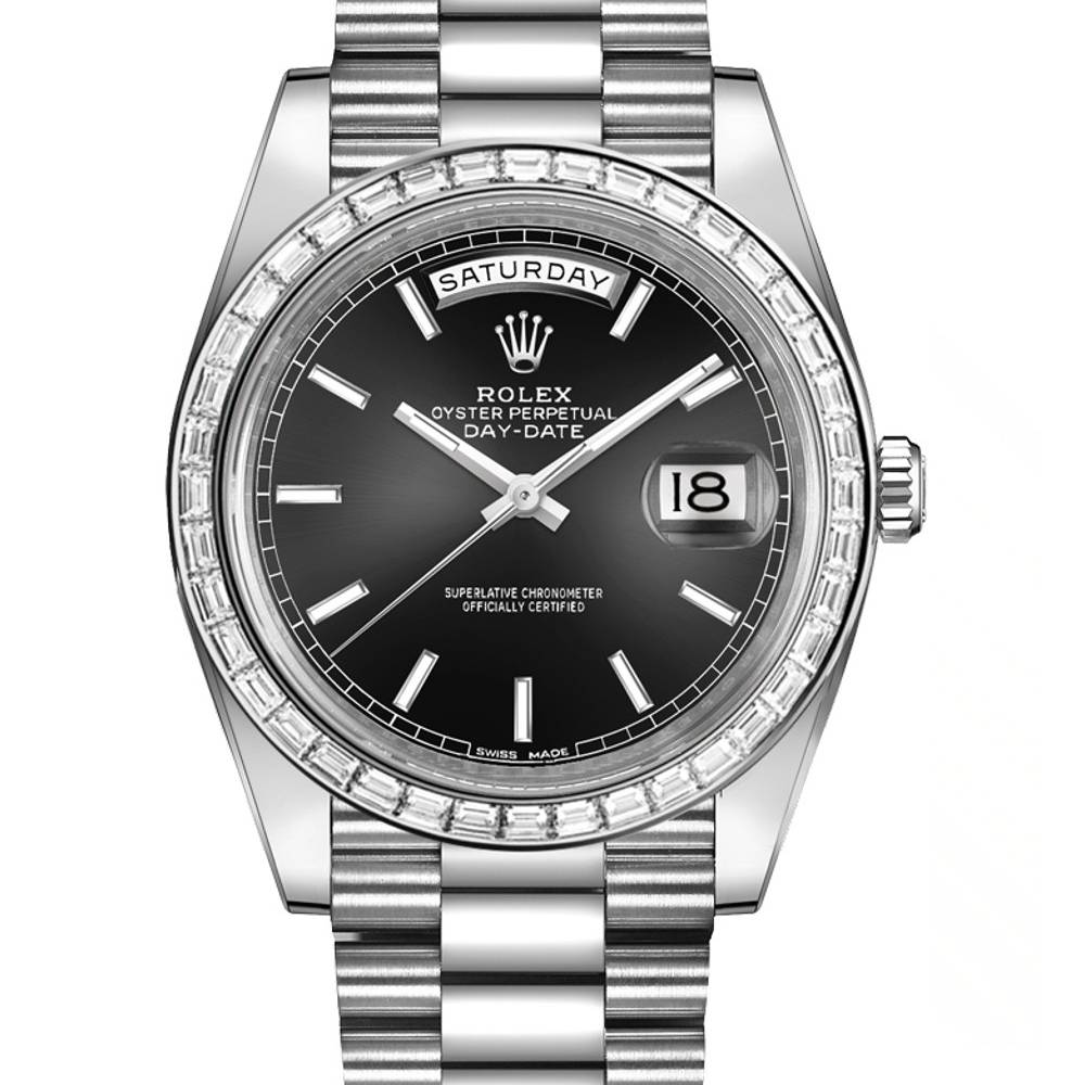 Rolex Day Date 40mm - Ref: 228396tbr-0024 - Black Stick Dial & Diamond Bezel, Platinum President Bracelet Men's Watch