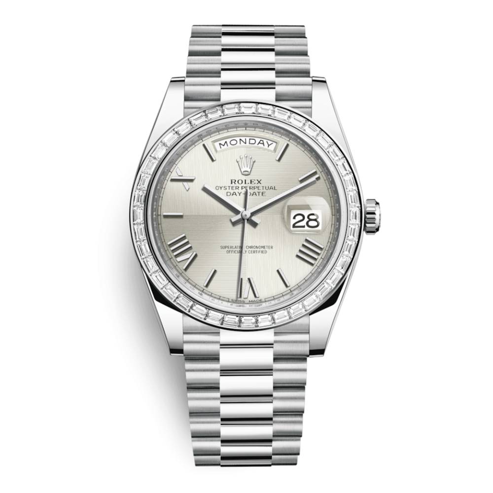 Rolex Day Date 40mm - Ref: 228396tbr-0025 - Silver Quadrant Motif Roman Dial & Diamond Bezel, Platinum President Bracelet Men's Watch