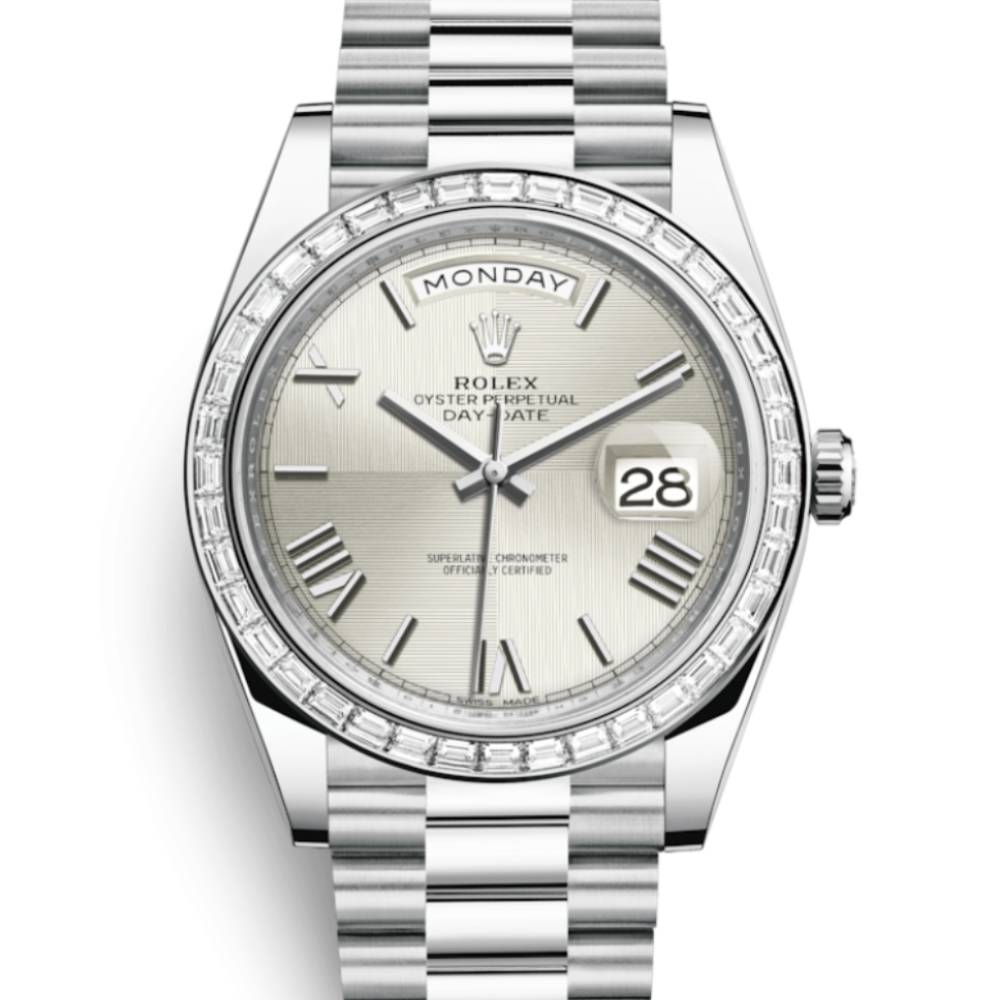 Rolex Day Date 40mm - Ref: 228396tbr-0025 - Silver Quadrant Motif Roman Dial & Diamond Bezel, Platinum President Bracelet Men's Watch