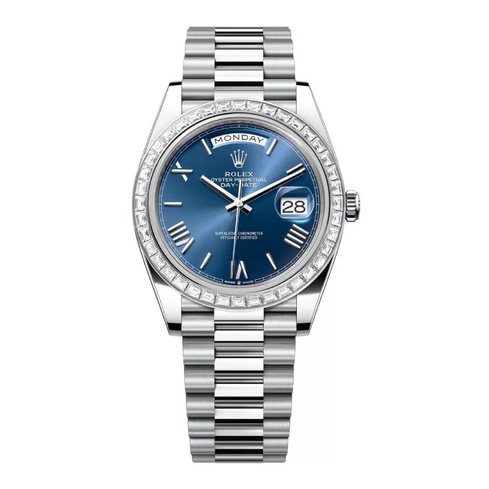 Rolex Day Date 40mm - Ref: 228396tbr-0026 - Blue Roman Dial & Diamond Bezel, Platinum President Bracelet Men's Watch