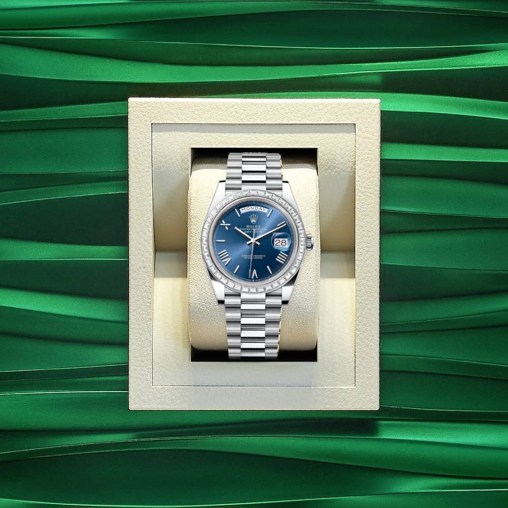 Rolex Day Date 40mm - Ref: 228396tbr-0026 - Blue Roman Dial & Diamond Bezel, Platinum President Bracelet Men's Watch