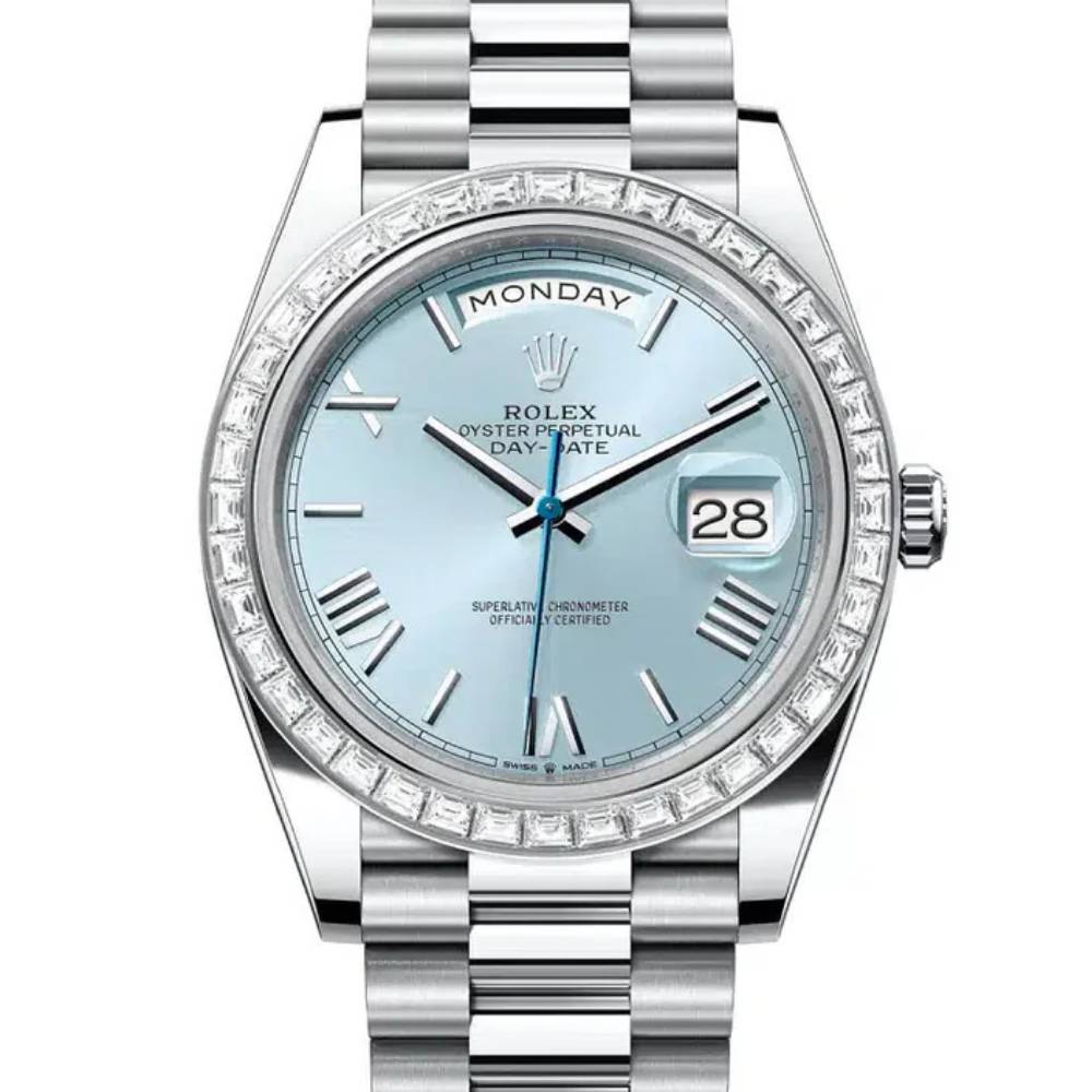 Rolex Day Date 40mm - Ref: 228396tbr-0030 - Ice Blue Roman Dial & Diamond Bezel, Platinum President Bracelet Men's Watch