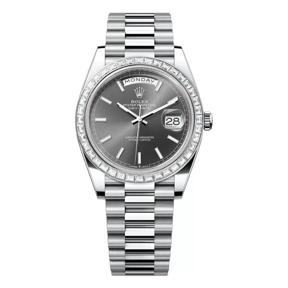 Rolex Day Date 40mm - Ref: 228396tbr-0031 - Slate Grey Stick Dial & Diamond Bezel, Platinum President Bracelet Men's Watch