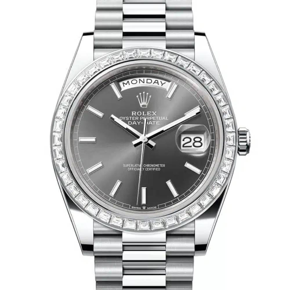 Rolex Day Date 40mm - Ref: 228396tbr-0031 - Slate Grey Stick Dial & Diamond Bezel, Platinum President Bracelet Men's Watch