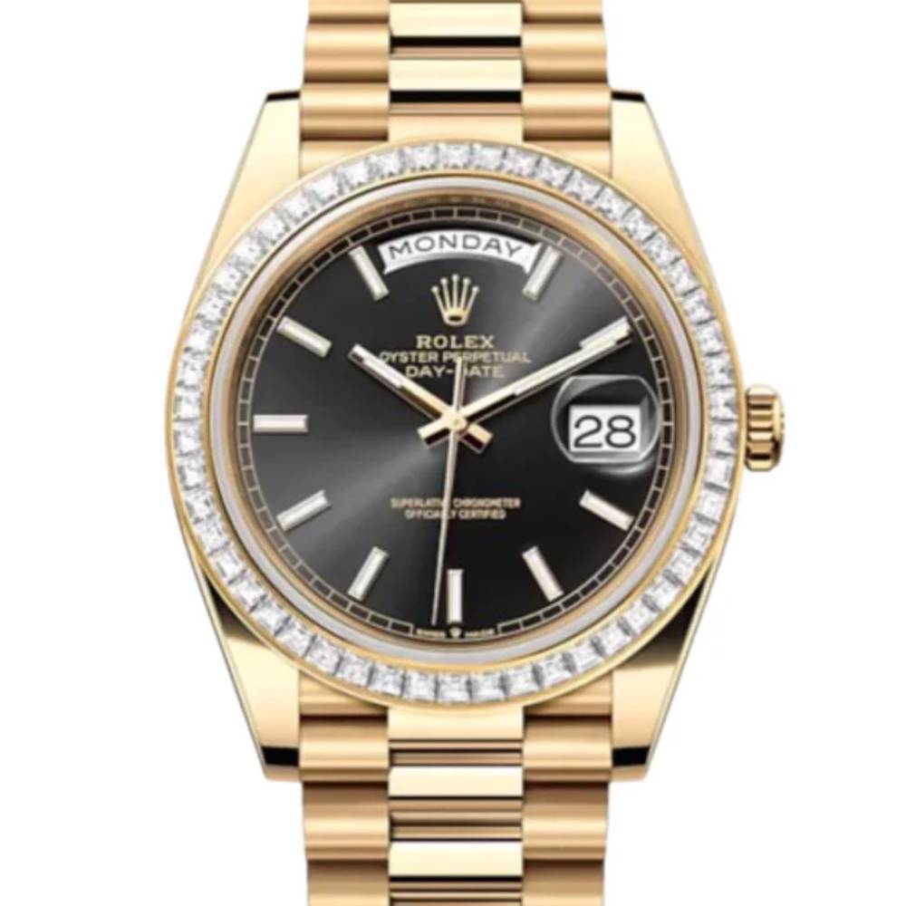 Rolex Day Date 40mm - Ref: 228398TBR - Black Stick Dial & Diamond Bezel, 18K Yellow Gold President Bracelet Men's Watch