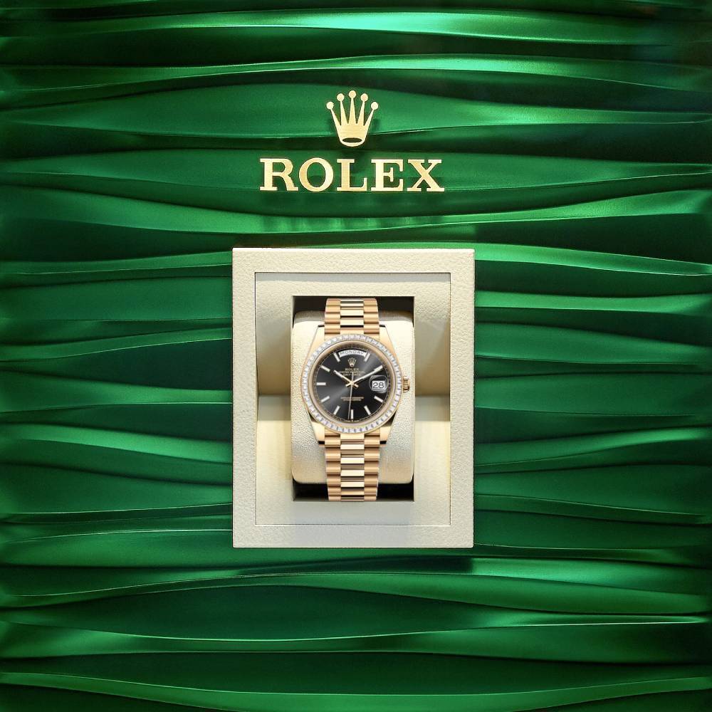 Rolex Day Date 40mm - Ref: 228398TBR - Black Stick Dial & Diamond Bezel, 18K Yellow Gold President Bracelet Men's Watch