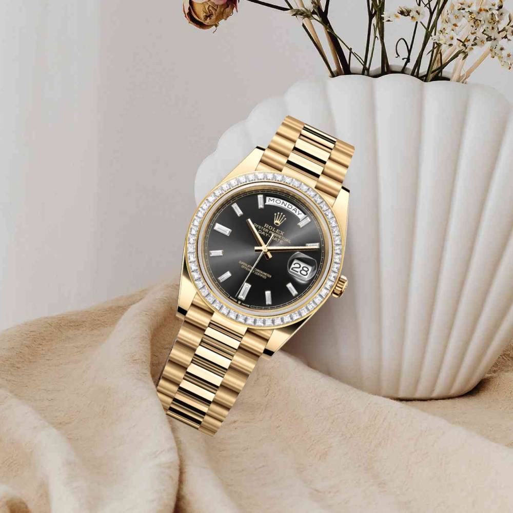 Rolex Day Date 40mm - Ref: 228398tbr-0001 - Black Diamond Dial, 18K Yellow Gold President Bracelet Men's Watch