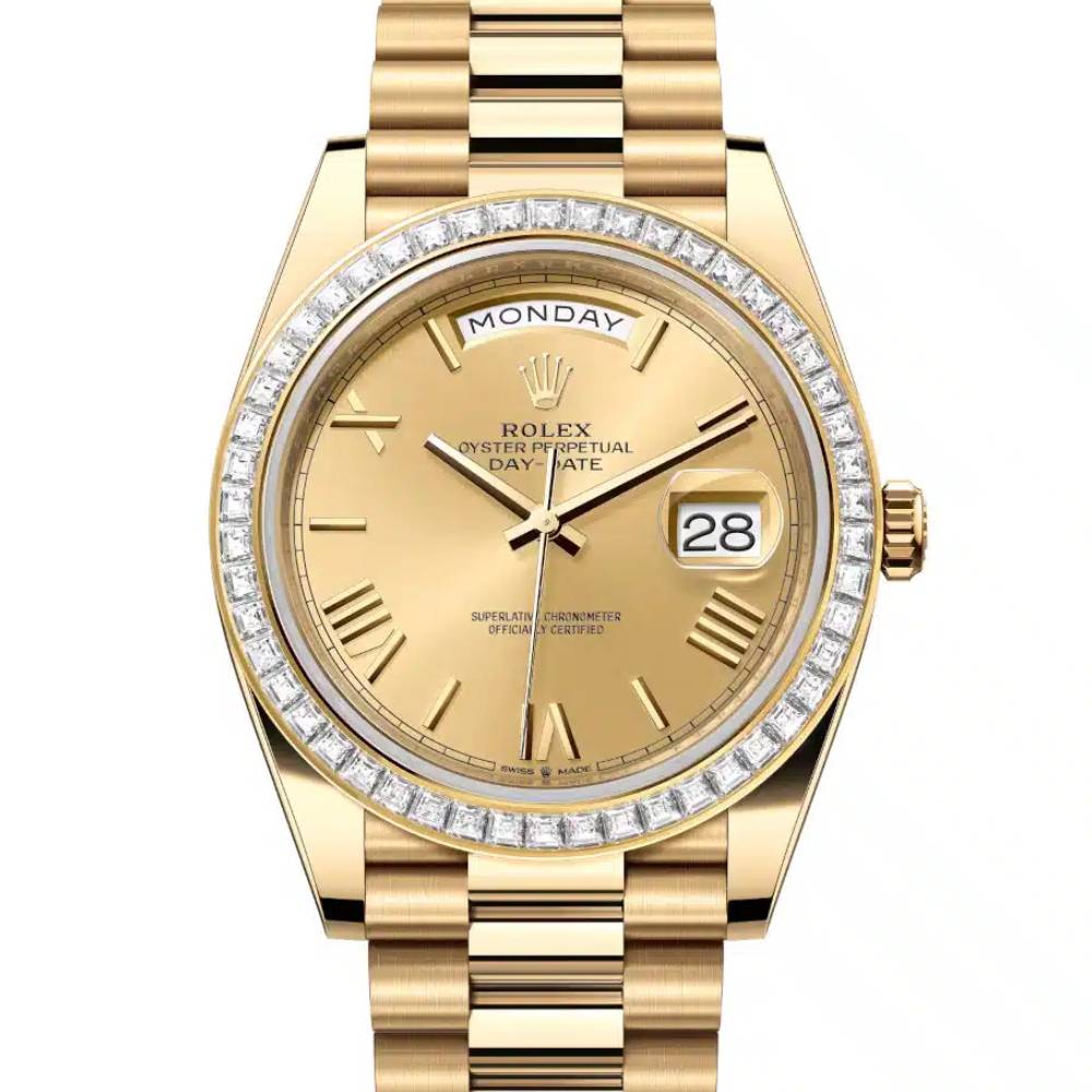 Rolex Day Date 40mm - Ref: 228398tbr-0003 - Champagne Roman Dial & Diamond Bezel, 18K Yellow Gold President Bracelet Men's Watch