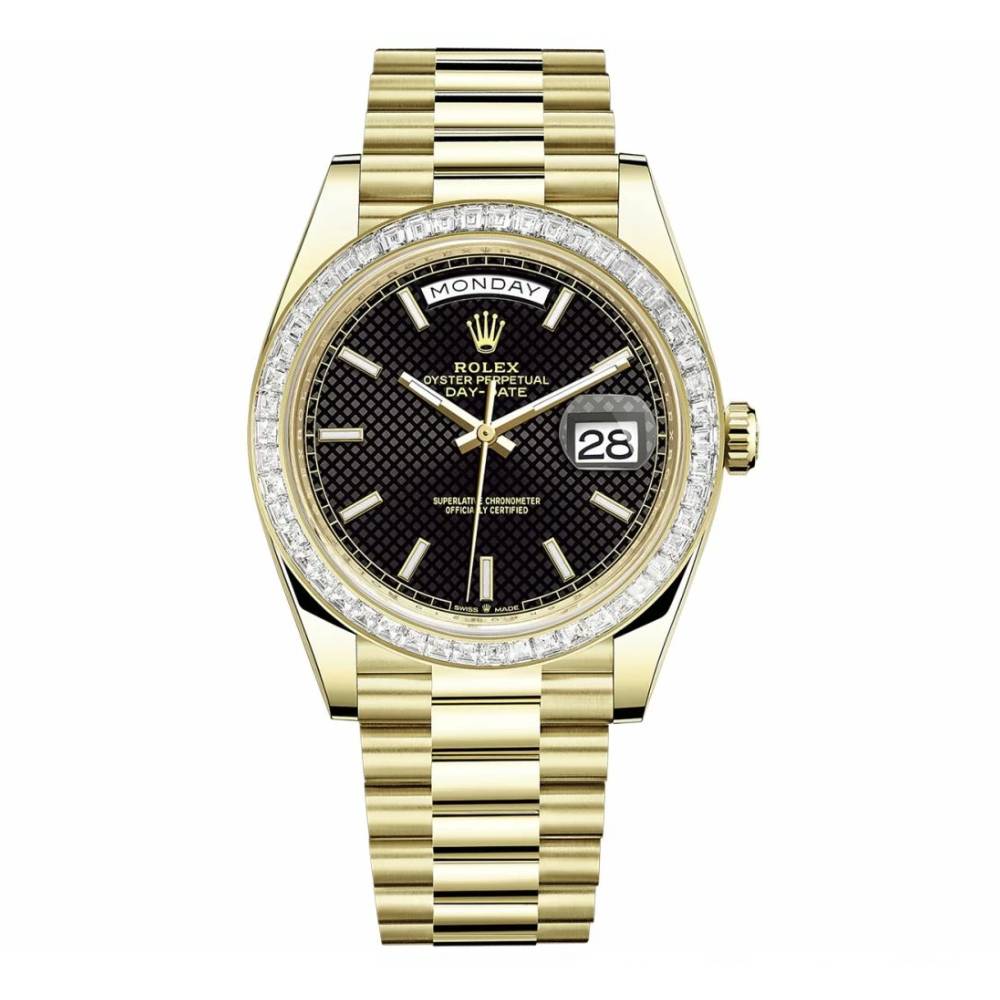 Rolex Day Date 40mm - Ref: 228398tbr-0004 - Black Diagonal Motif Stick Dial & Diamond Bezel, 18K Yellow Gold President Bracelet Men's Watch