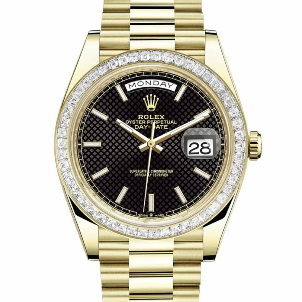 Rolex Day Date 40mm - Ref: 228398tbr-0004 - Black Diagonal Motif Stick Dial & Diamond Bezel, 18K Yellow Gold President Bracelet Men's Watch