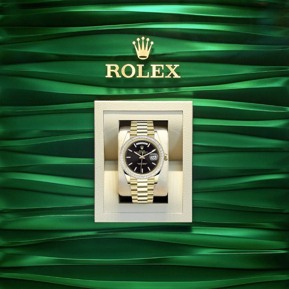 Rolex Day Date 40mm - Ref: 228398tbr-0004 - Black Diagonal Motif Stick Dial & Diamond Bezel, 18K Yellow Gold President Bracelet Men's Watch