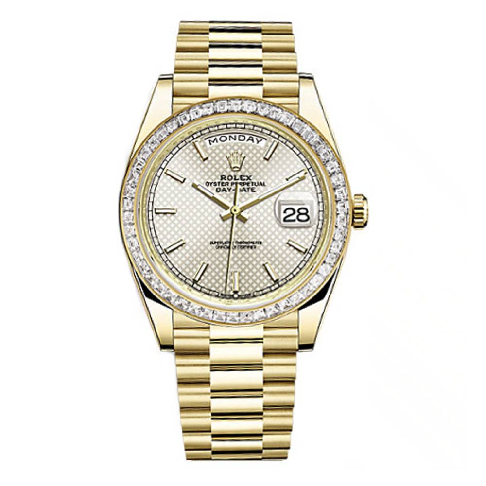 Rolex Day Date 40mm - Ref: 228398tbr-0005 - Silver Diagonal Motif Stick Dial & Diamond Bezel, 18K Yellow Gold President Bracelet Men's Watch