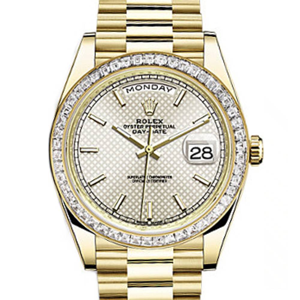 Rolex Day Date 40mm - Ref: 228398tbr-0005 - Silver Diagonal Motif Stick Dial & Diamond Bezel, 18K Yellow Gold President Bracelet Men's Watch