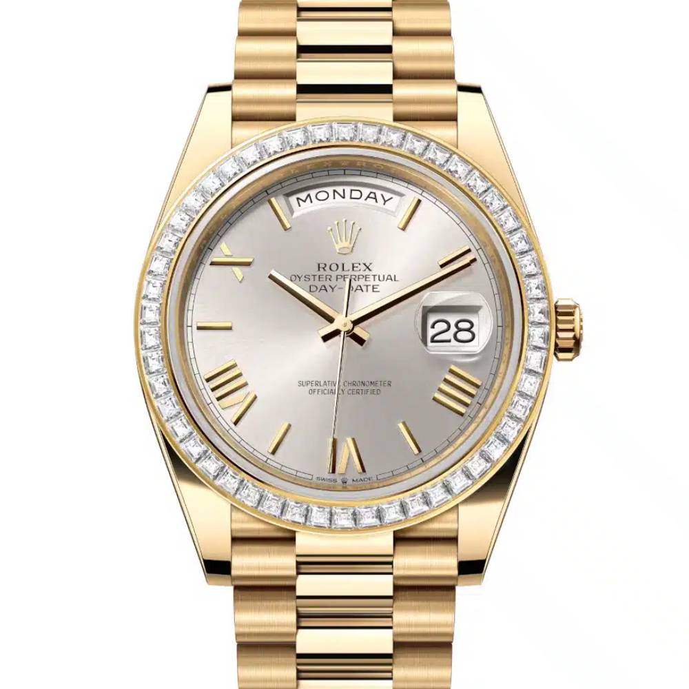 Rolex Day Date 40mm - Ref: 228398tbr-0006 - Silver Roman Dial & Diamond Bezel, 18K Yellow Gold President Bracelet Men's Watch