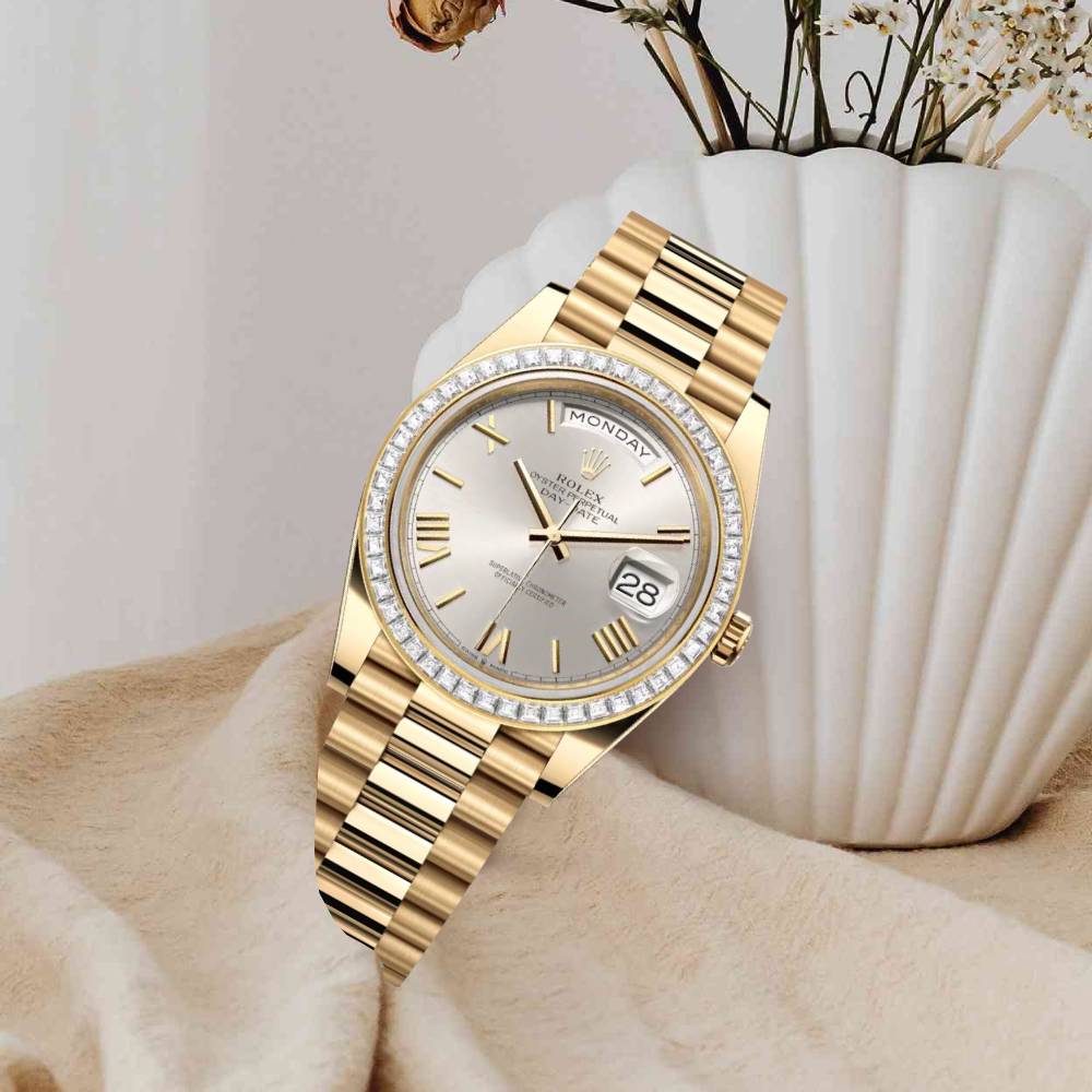 Rolex Day Date 40mm - Ref: 228398tbr-0006 - Silver Roman Dial & Diamond Bezel, 18K Yellow Gold President Bracelet Men's Watch