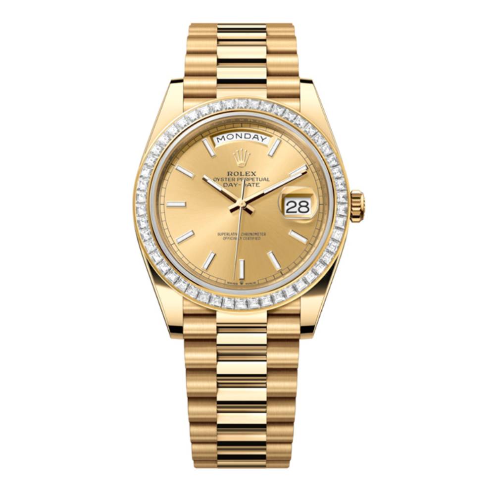 Rolex Day Date 40mm - Ref: 228398tbr-0007 - Champagne Stick Dial & Diamond Bezel, 18K Yellow Gold President Bracelet Men's Watch