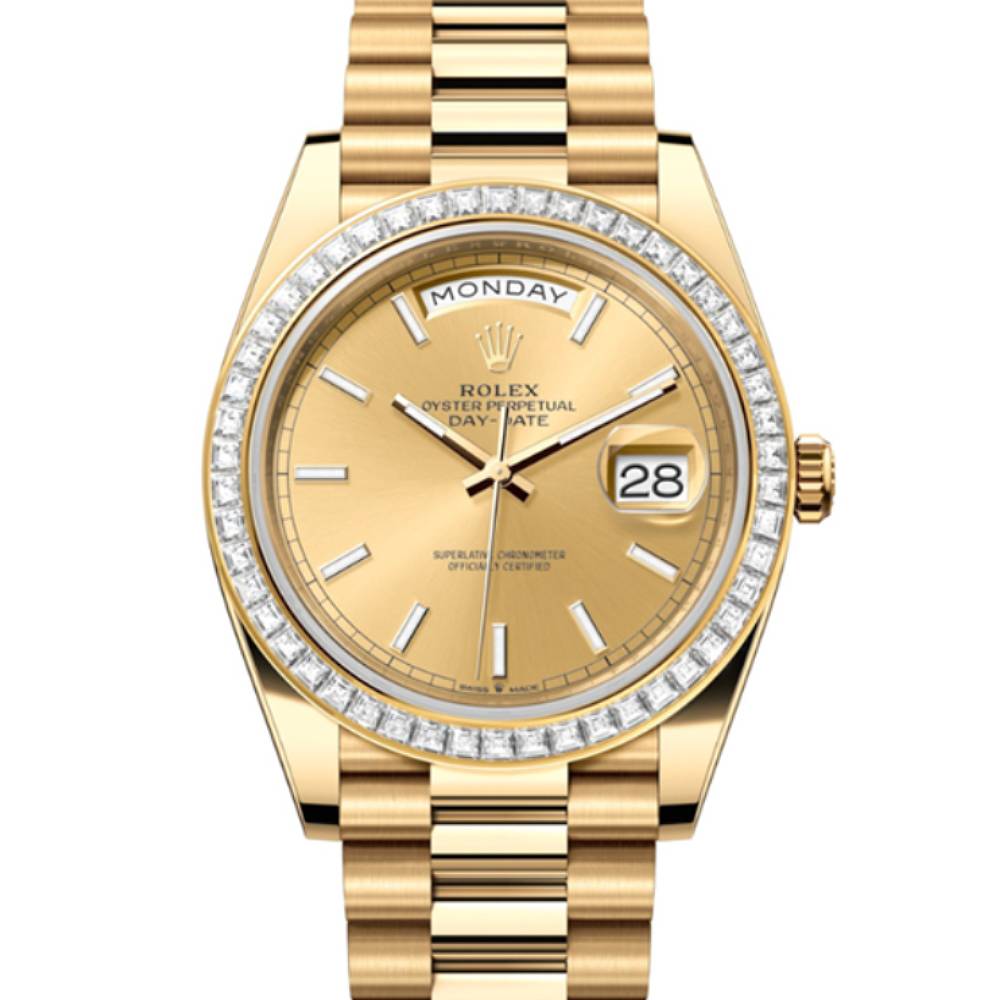 Rolex Day Date 40mm - Ref: 228398tbr-0007 - Champagne Stick Dial & Diamond Bezel, 18K Yellow Gold President Bracelet Men's Watch