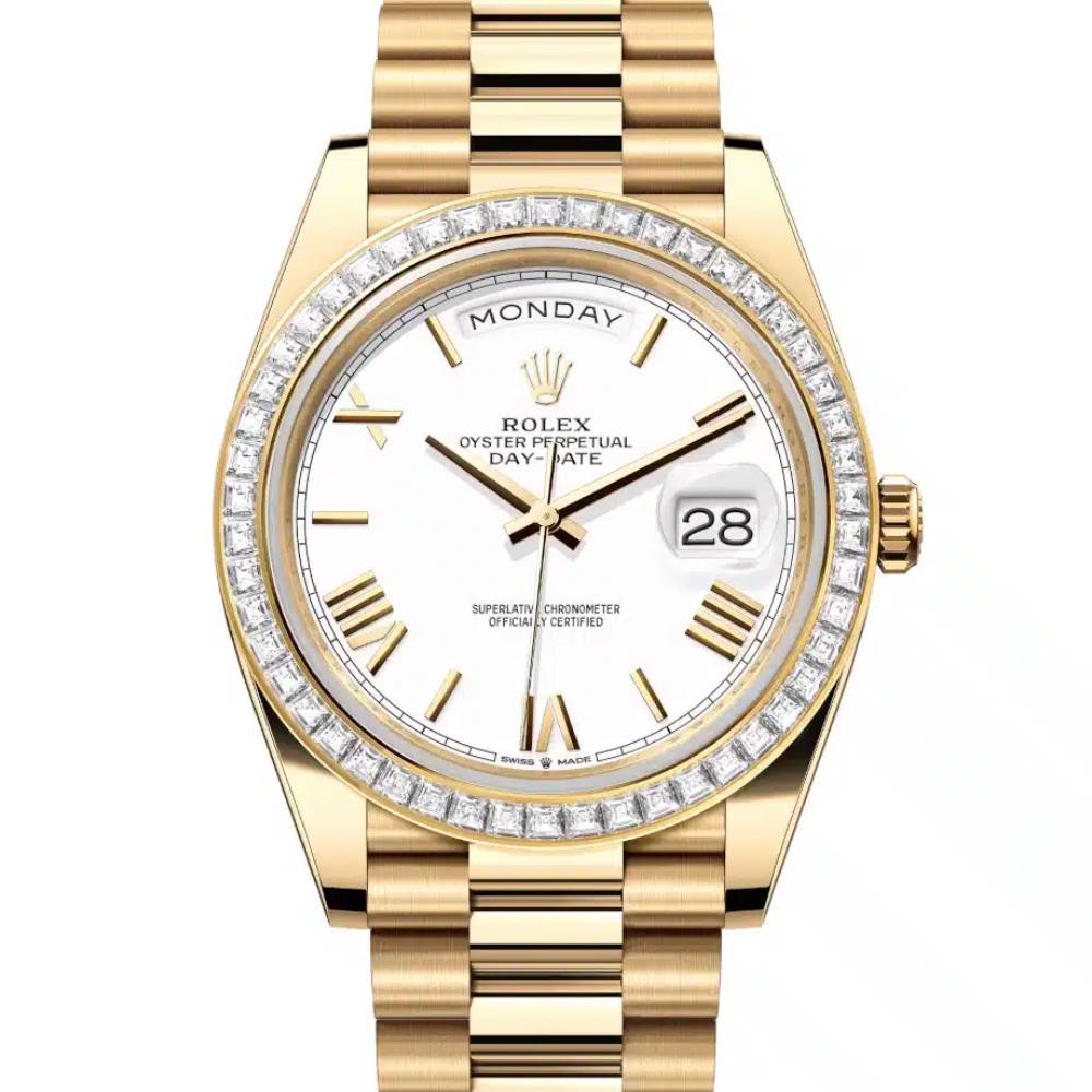 Rolex Day Date 40mm - Ref: 228398tbr-0033 - White Roman Dial & Diamond Bezel, 18K Yellow Gold President Bracelet Men's Watch