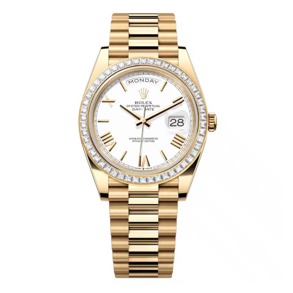 Rolex Day Date 40mm - Ref: 228398tbr-0033 - White Roman Dial & Diamond Bezel, 18K Yellow Gold President Bracelet Men's Watch