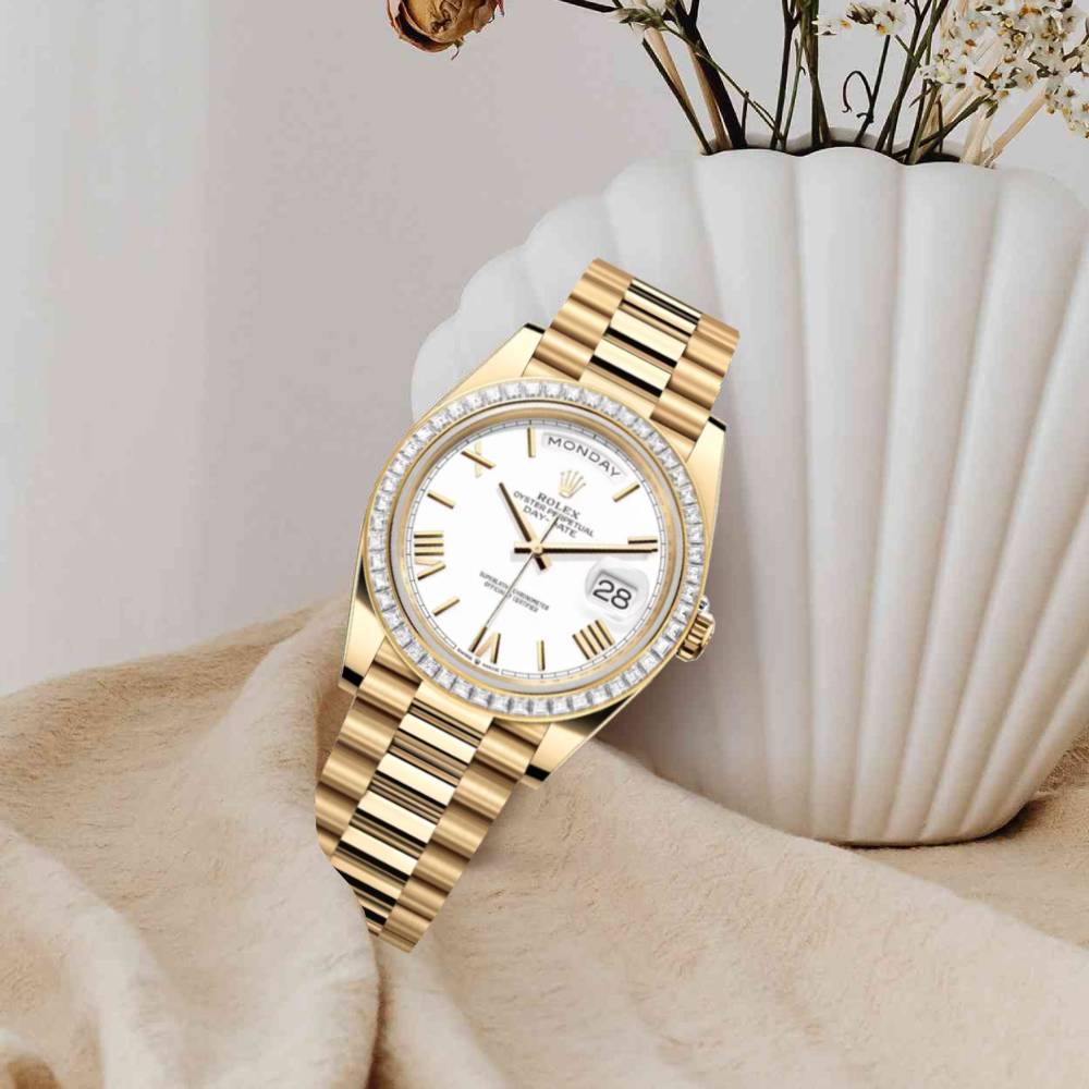 Rolex Day Date 40mm - Ref: 228398tbr-0033 - White Roman Dial & Diamond Bezel, 18K Yellow Gold President Bracelet Men's Watch