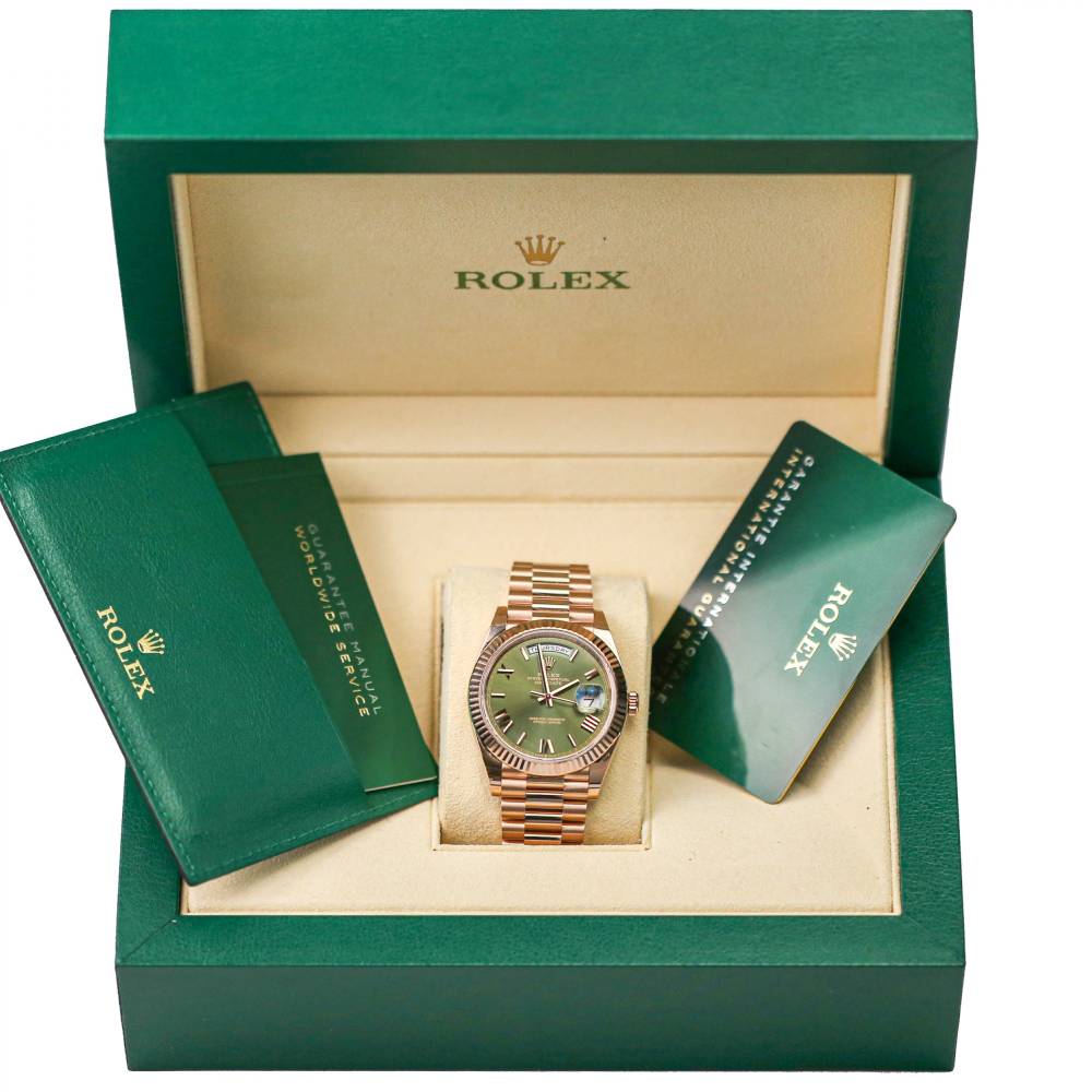 Rolex Day Date 40mm - Ref: 228235-0025 - Olive Green Roman Dial & Fluted Bezel, 18K Rose Gold President Bracelet Men's Watch