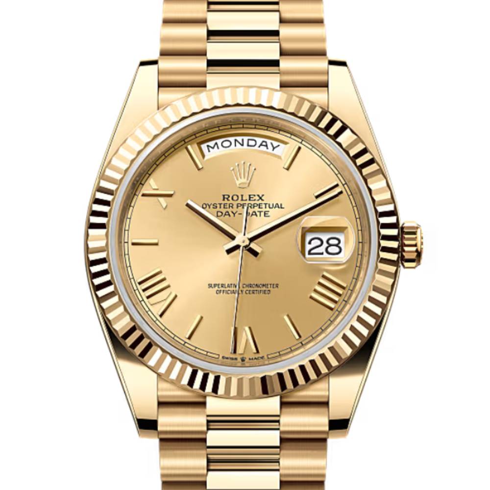 Rolex Day Date 40mm - Ref: 228238-0006 - Champagne Roman Dial & Fluted Bezel, 18K Yellow Gold President Bracelet Men's Watch