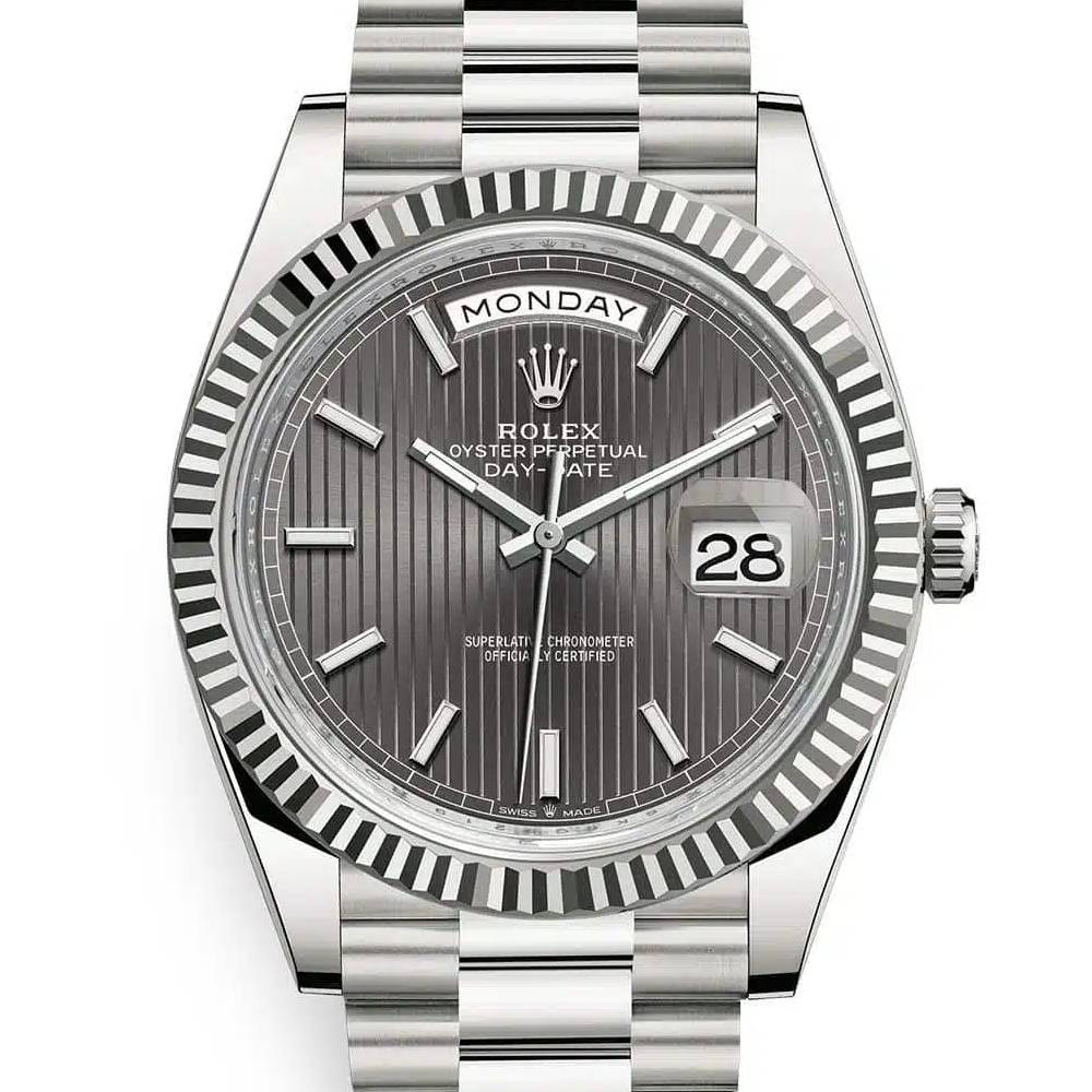 Rolex Day Date 40mm - Ref: 228239-0002 - Dark Rhodium Stripe Motif Stick Dial & Fluted Bezel, 18K White Gold President Bracelet Men's Watch